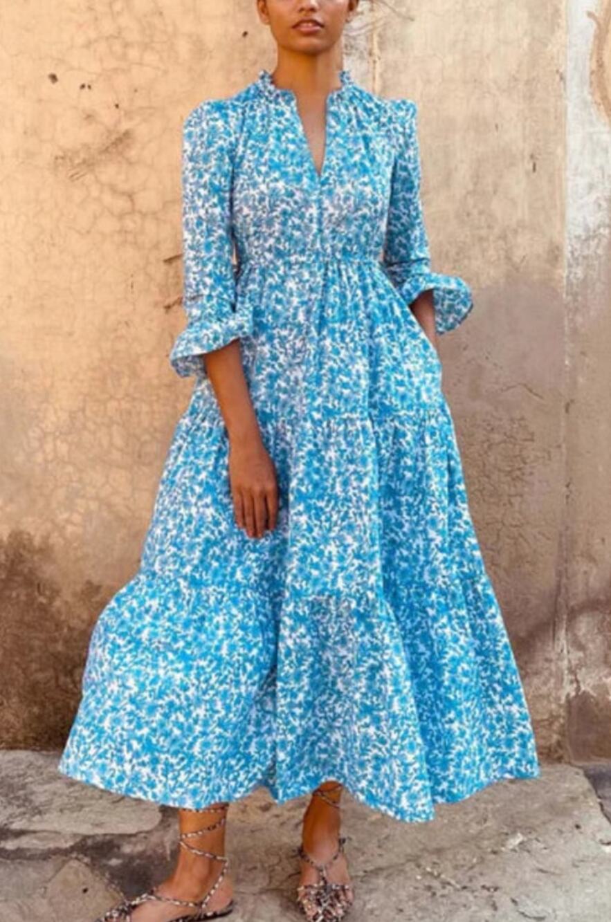 Pink City Prints Tuckernuck Ocean Jaal Amelia Midi Dress Blue Block Ruffle XS